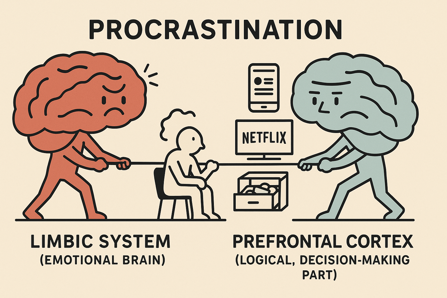 Neuroscience lens, procrastination is the result of a tug-of-war between the limbic system (our emotional brain) and the prefrontal cortex (the logical, decision-making part).
